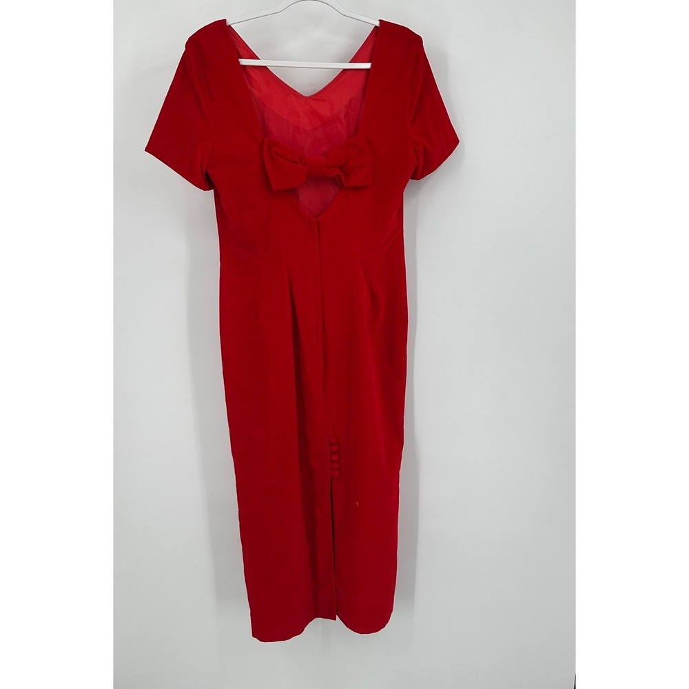 Leslie Lucks Vintage Red Velvet Midi Dress Size 10 Back Bow Old Hollywood Glam